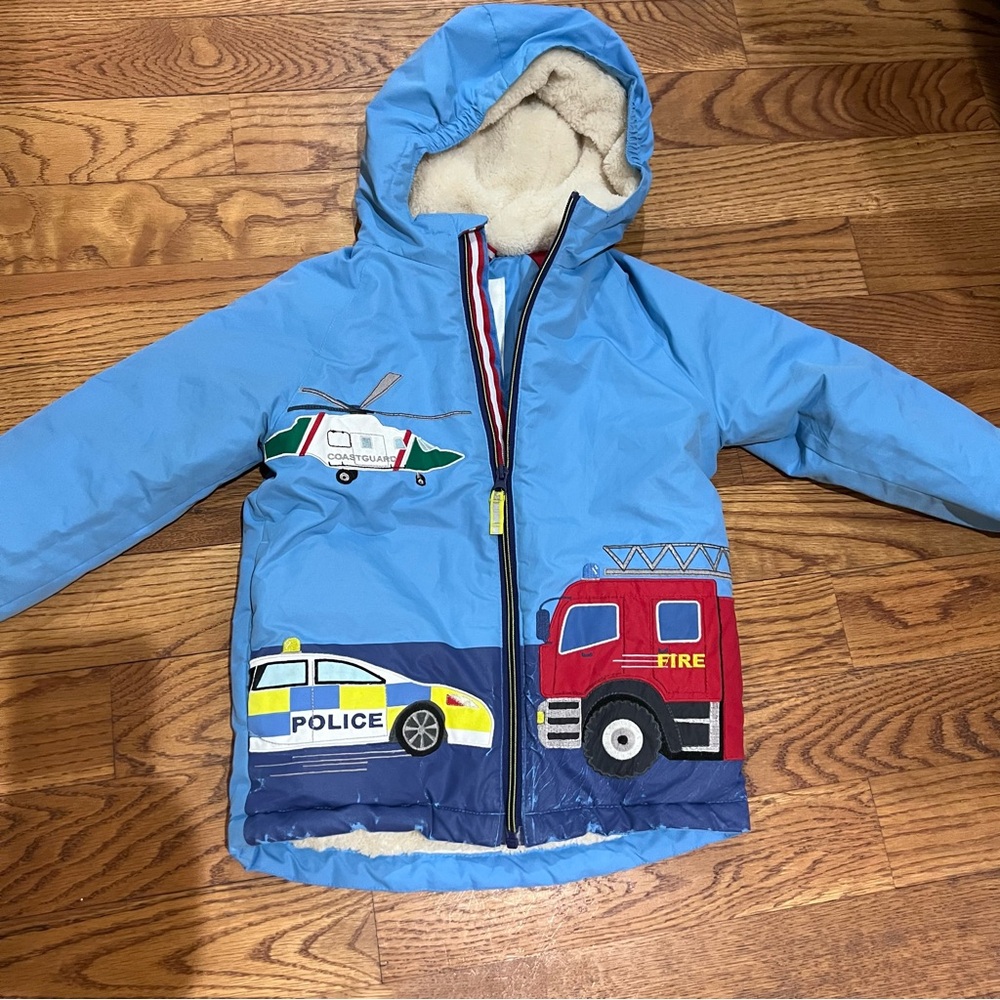 Mini Boden Blue Jacket with Police, helicopter and Fire Truck Design